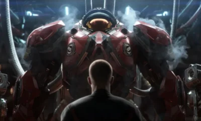 Terran Dominion marine in CMC armor facing a Zerg swarm at dusk, cinematic still from Blizzard’s StarCraft 2030 open-world shooter announcement trailer