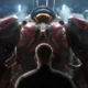 Terran Dominion marine in CMC armor facing a Zerg swarm at dusk, cinematic still from Blizzard’s StarCraft 2030 open-world shooter announcement trailer