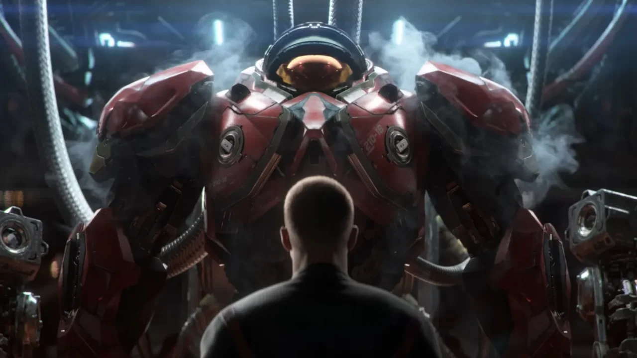 Terran Dominion marine in CMC armor facing a Zerg swarm at dusk, cinematic still from Blizzard’s StarCraft 2030 open-world shooter announcement trailer