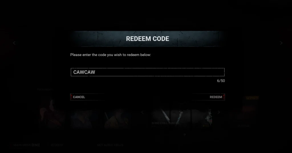 Dead by Daylight - in-game store code redemption screen