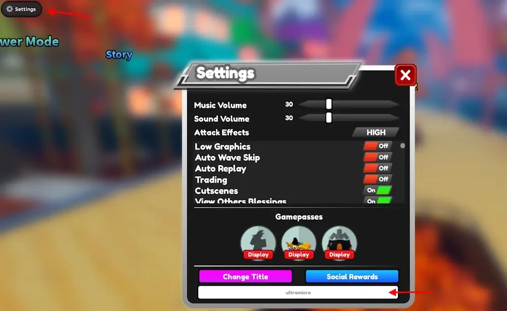 All Star Tower Defense - code redemption menu via the Twitter icon
