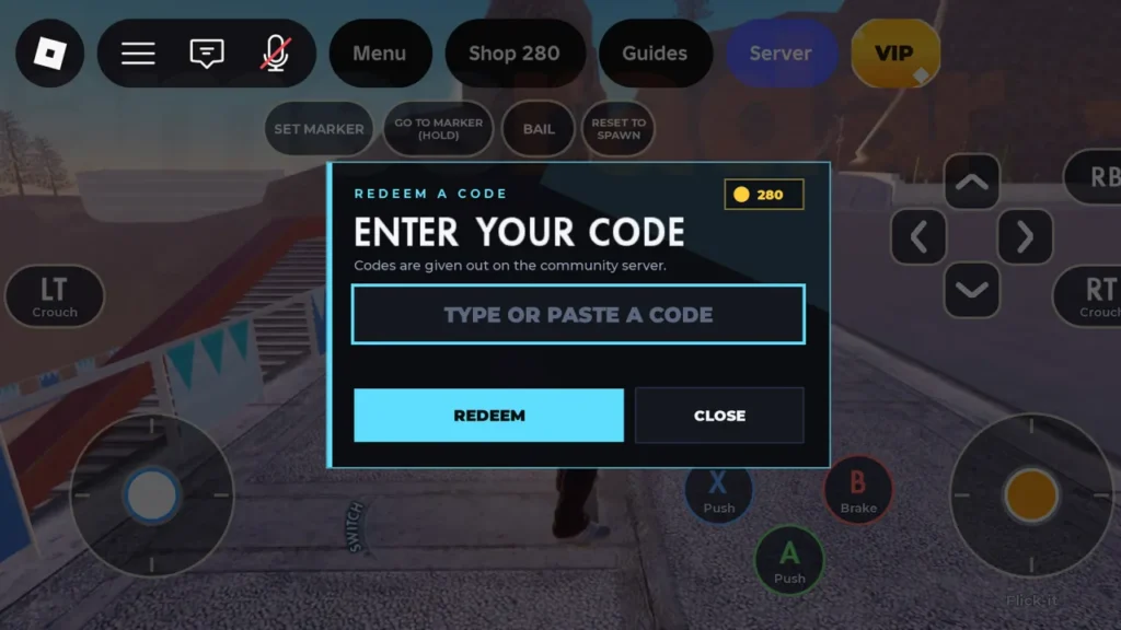 Skate Tree - Redeem Code menu in the Shop screen