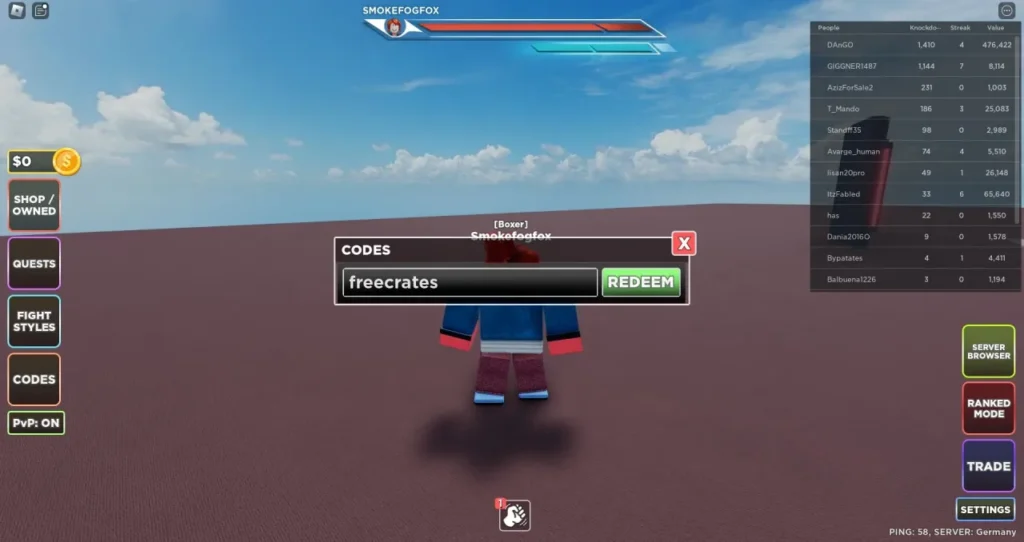 Untitled Boxing Game - code redemption box in the left-side menu