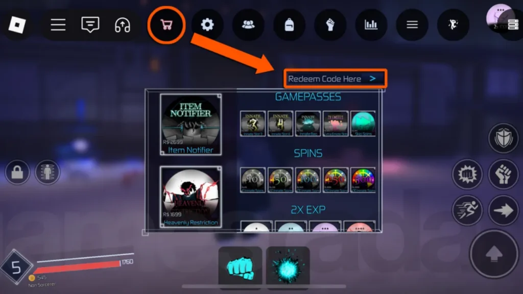 Jujutsu Infinite - code redemption menu in Settings