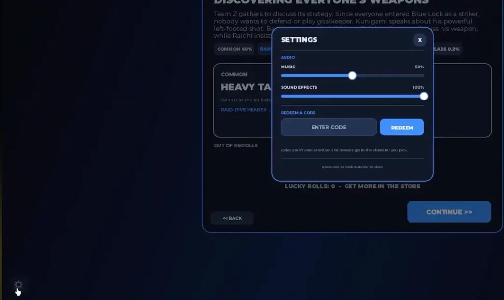 Start Your Blue Lock Career - Settings code redemption menu