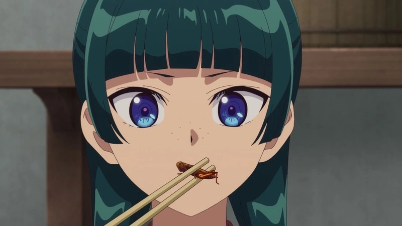 The Apothecary Diaries Season 3 - Maomao examining stewed locusts in Episode 1