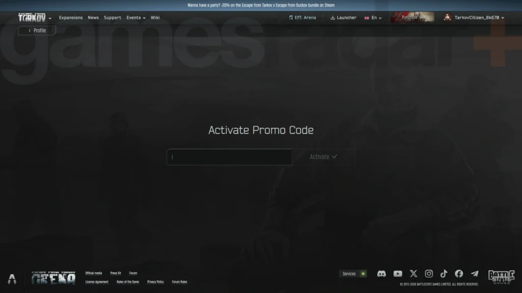 Escape from Tarkov - official promo code redemption page screenshot