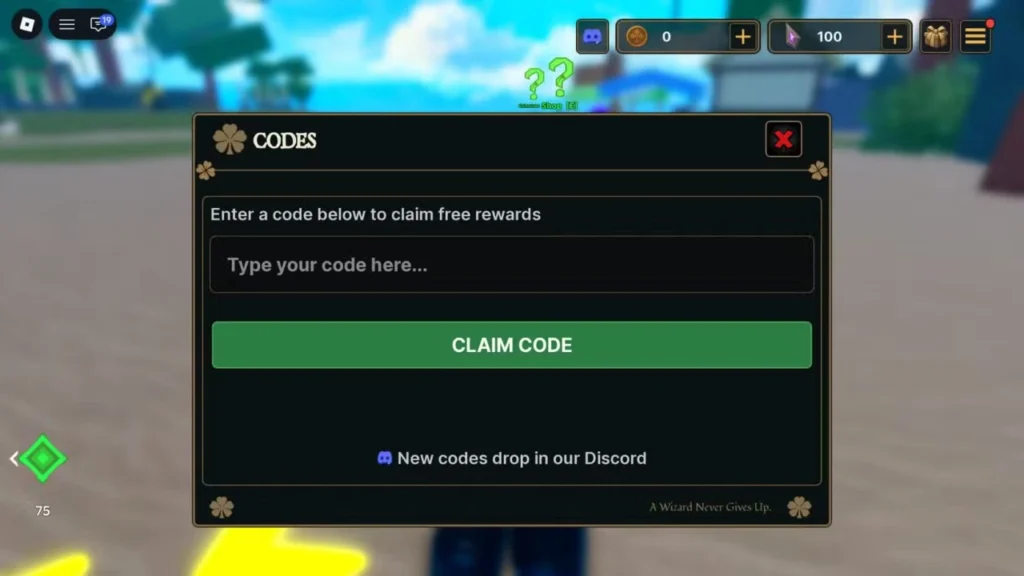 Clover Legends - Codes redemption menu with Claim Code button