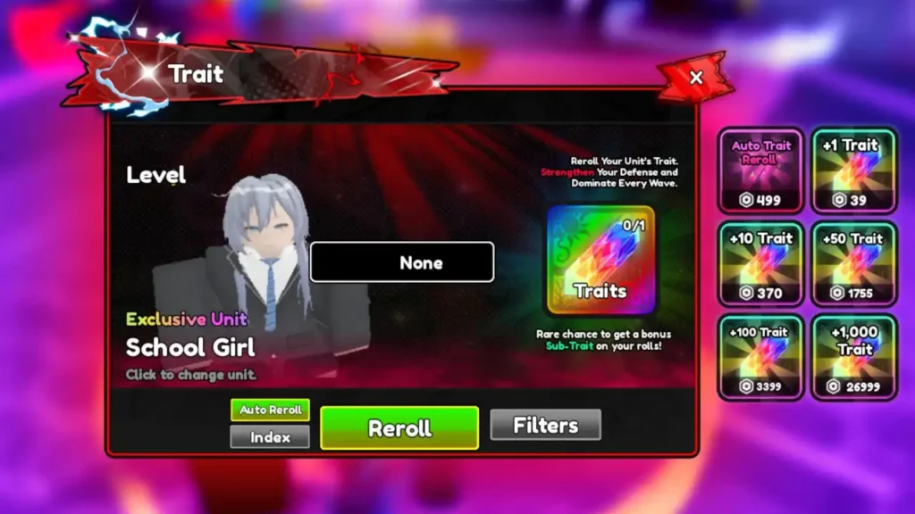 Anime Mysterious - code redemption menu with Trait Rerolls and Gems