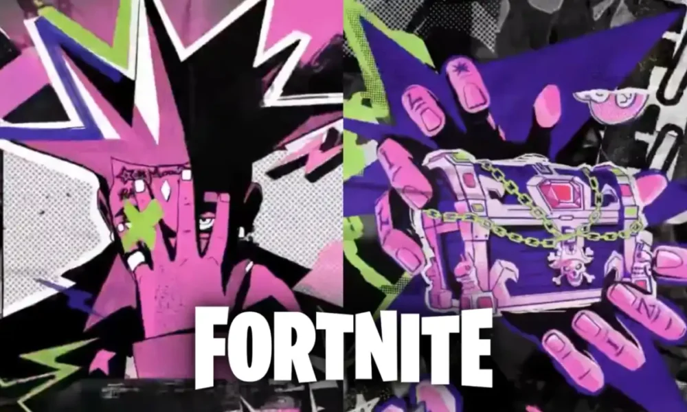 Fortnite Lil Uzi Vert skin teaser featuring the Pink Tape Flag and colorful pink and purple visuals.