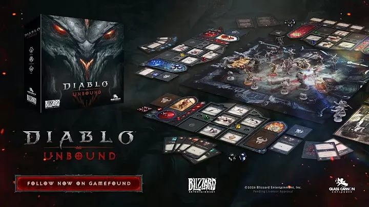 Diablo: Unbound tabletop gameplay preview showing miniatures, player boards, and equipment systems.