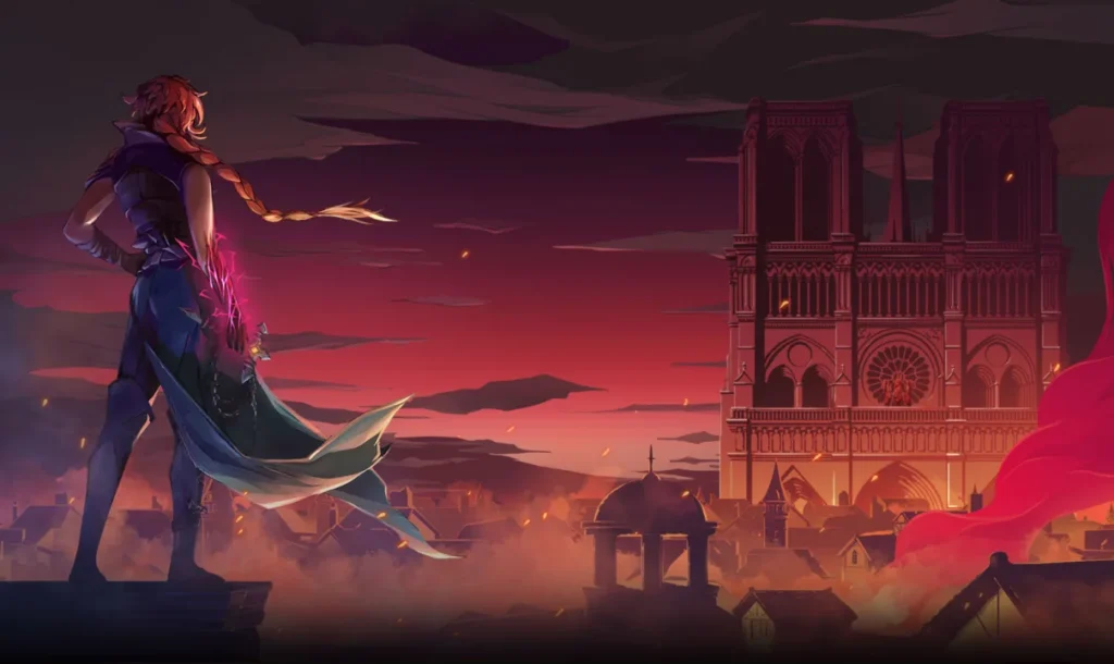 Castlevania Belmont’s Curse - Paris streets with Dracula’s castle looming overhead