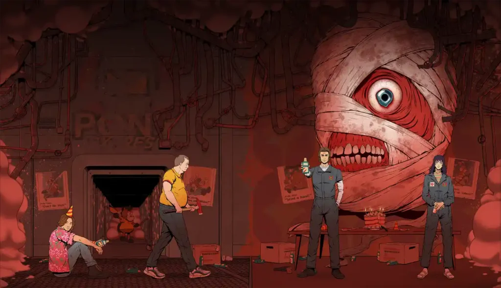 Mouthwashing horror game artwork depicting the unsettling atmosphere aboard the damaged spacecraft.