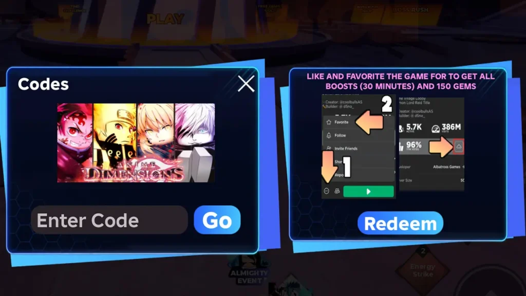 Anime Dimensions Simulator - Codes menu with Halloween event rewards