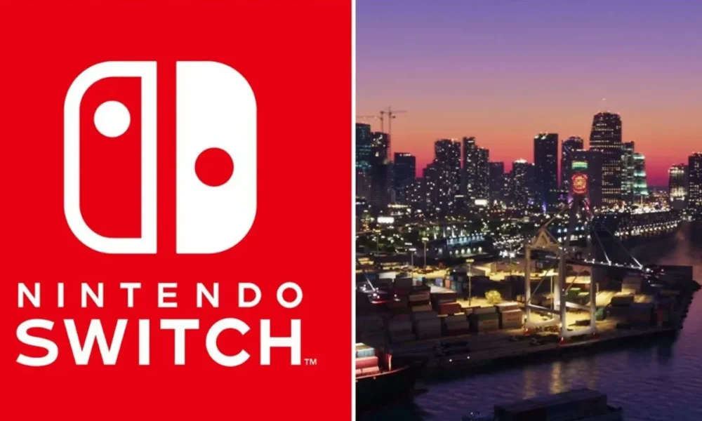 GTA 6 - Jason and Lucia key art alongside a Nintendo Switch 2 console