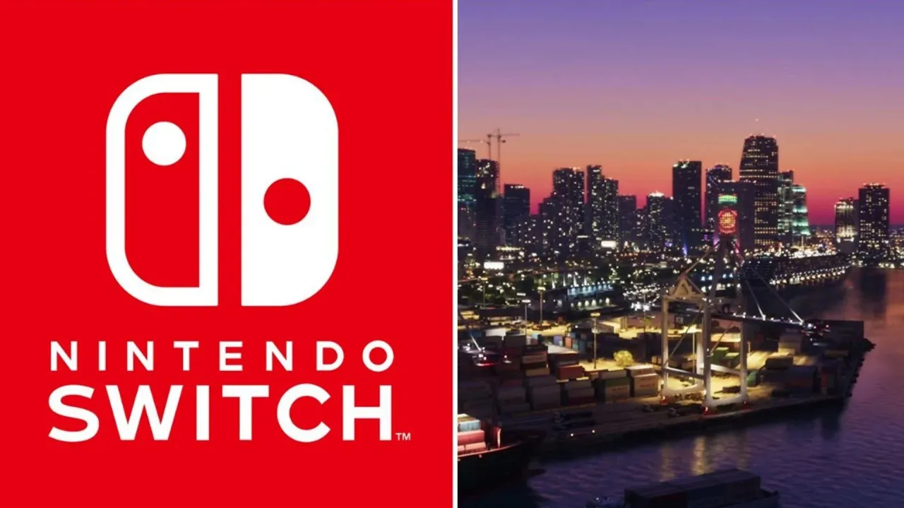 GTA 6 - Jason and Lucia key art alongside a Nintendo Switch 2 console