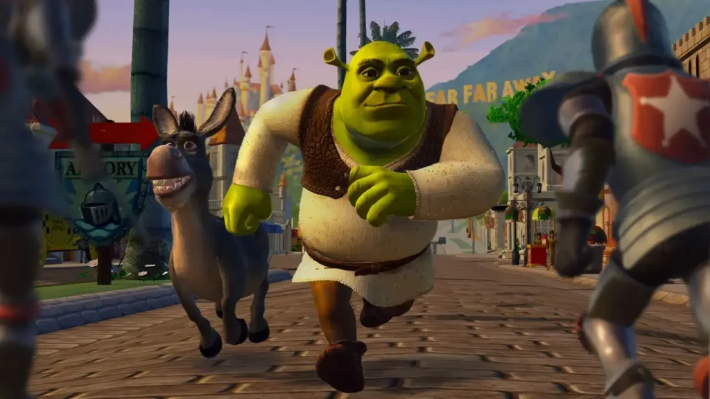 Shrek 2 Remastered gameplay showing Shrek and his companions in the updated action-adventure game