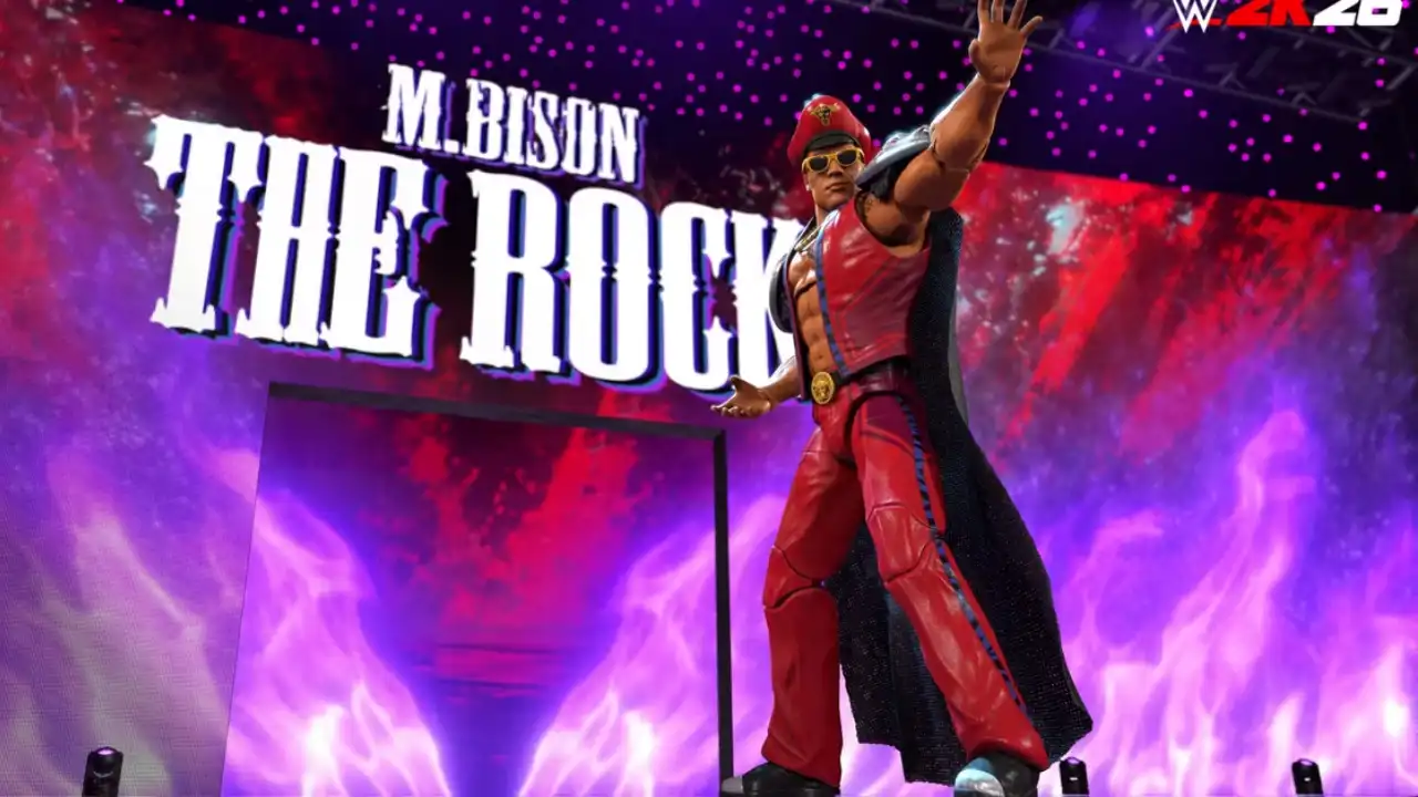 WWE 2K26 Street Fighter crossover - The Rock as M. Bison key art