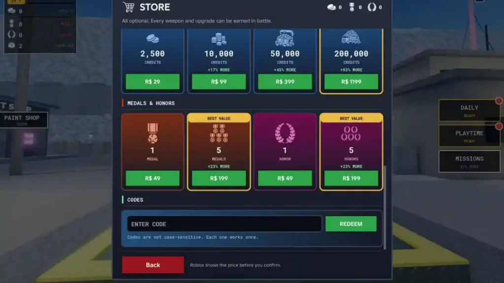 Zombie Air Force - Store menu code redemption field